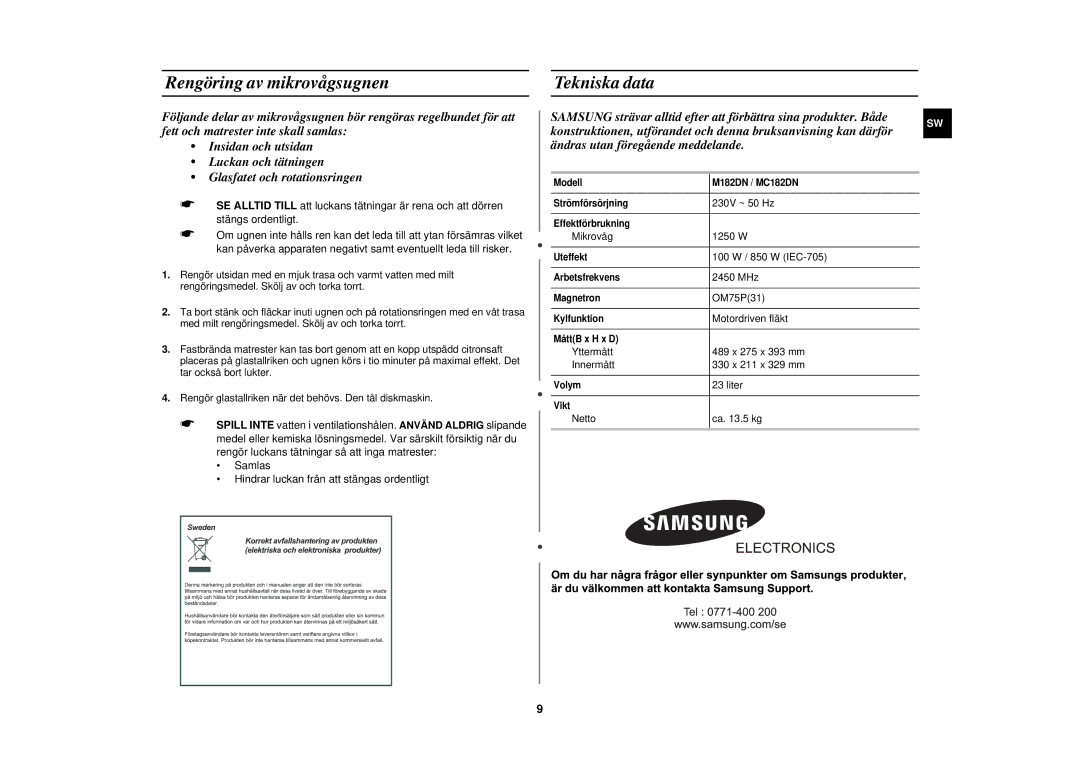 Samsung M182DN/XEE, M182DN-S/XEE manual Rengöring av mikrovågsugnen, Tekniska data 