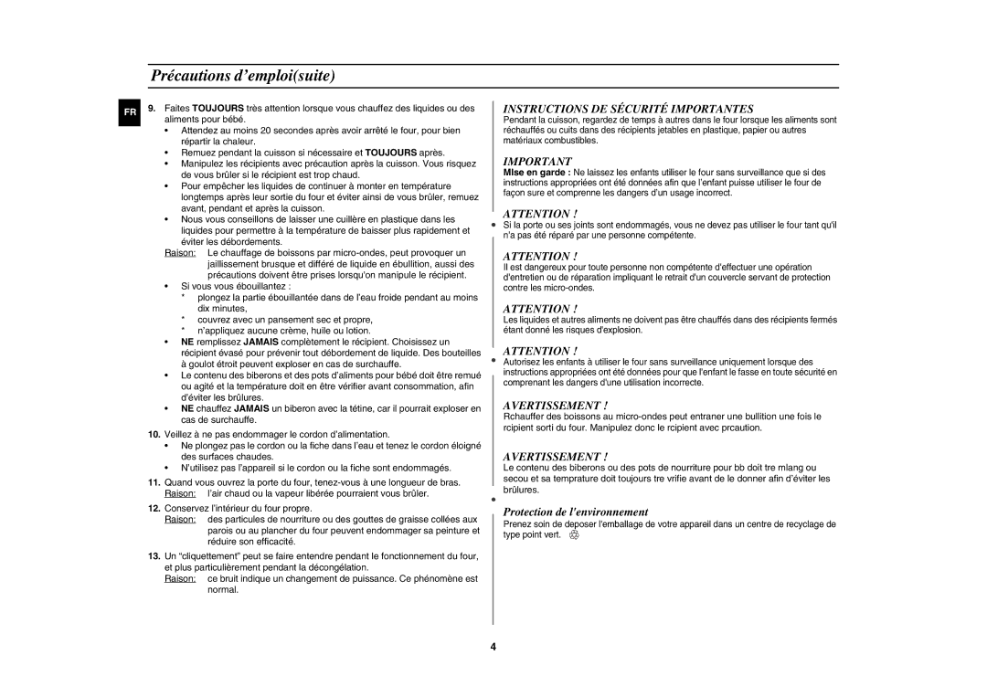 Samsung M182DN-S/XEF manual Précautions d’emploisuite, Instructions DE Sécurité Importantes 