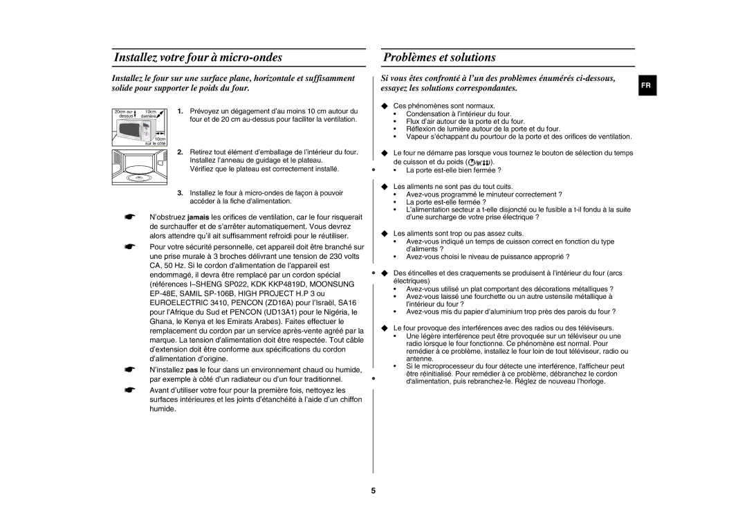 Samsung M182DN-S/XEF manual Installez votre four à micro-ondes, Problèmes et solutions 