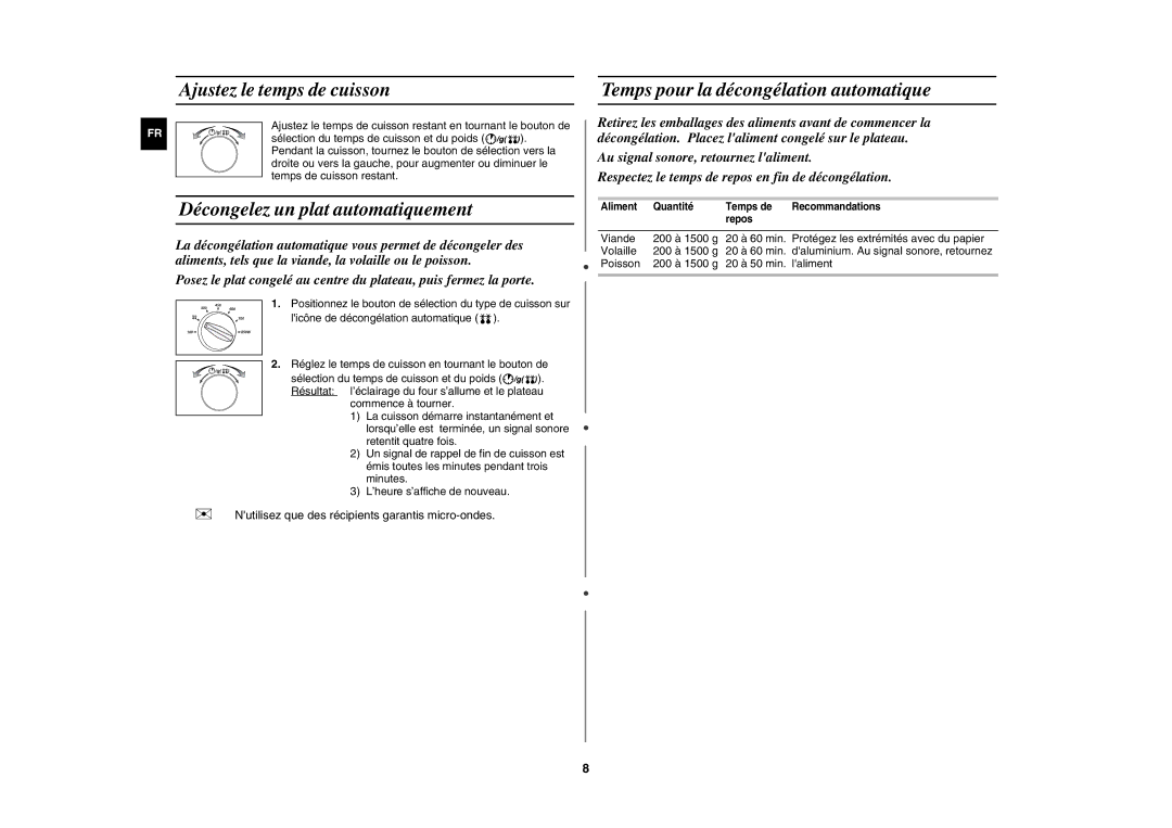 Samsung M182DN-S/XEF manual Ajustez le temps de cuisson, Décongelez un plat automatiquement 