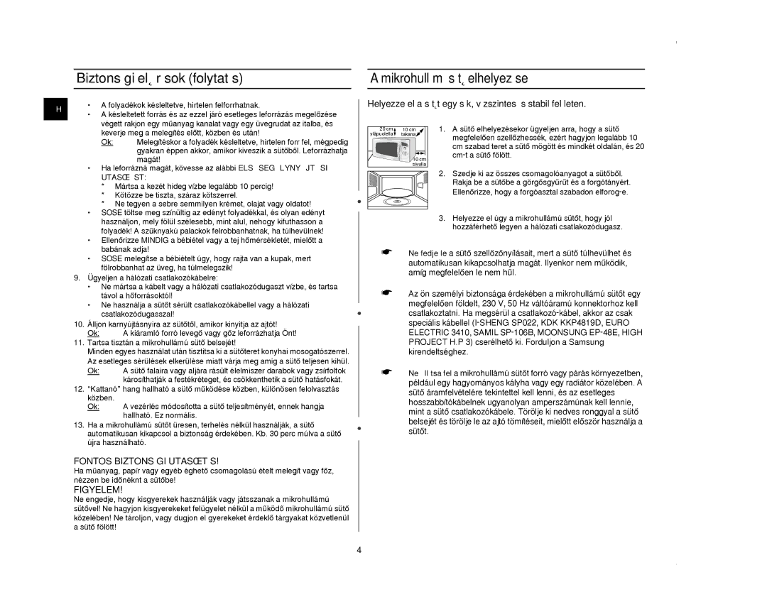 Samsung M182DN/XEH, M182DN-S/XEH Biztons‡gi elÎ’r‡sok folytat‡s, Mikrohull‡mœ sŸtÎ elhelyezŽse, Fontos BIZTONSçGI UTASêTçS 