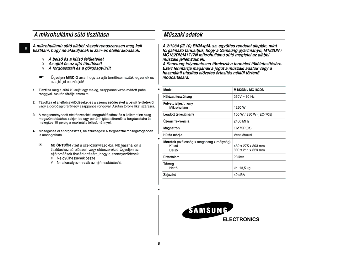 Samsung M182DN-S/XEH, M182DN-SX/XEH, M182DN/XEH manual Mikrohull‡mœ sŸtÎ tiszt’t‡sa Mõszaki adatok, Zajszint 