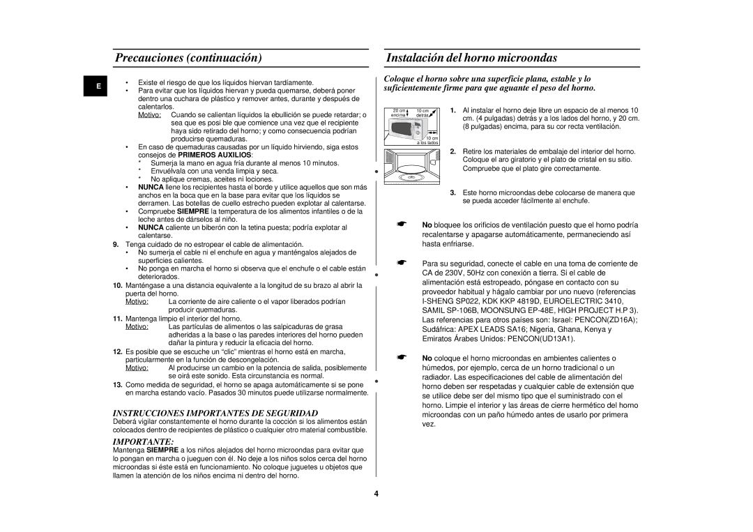 Samsung M182DN-D/XEC, M182DN/XEC, M182DN-B/XEC manual Precauciones continuación, Instalación del horno microondas 