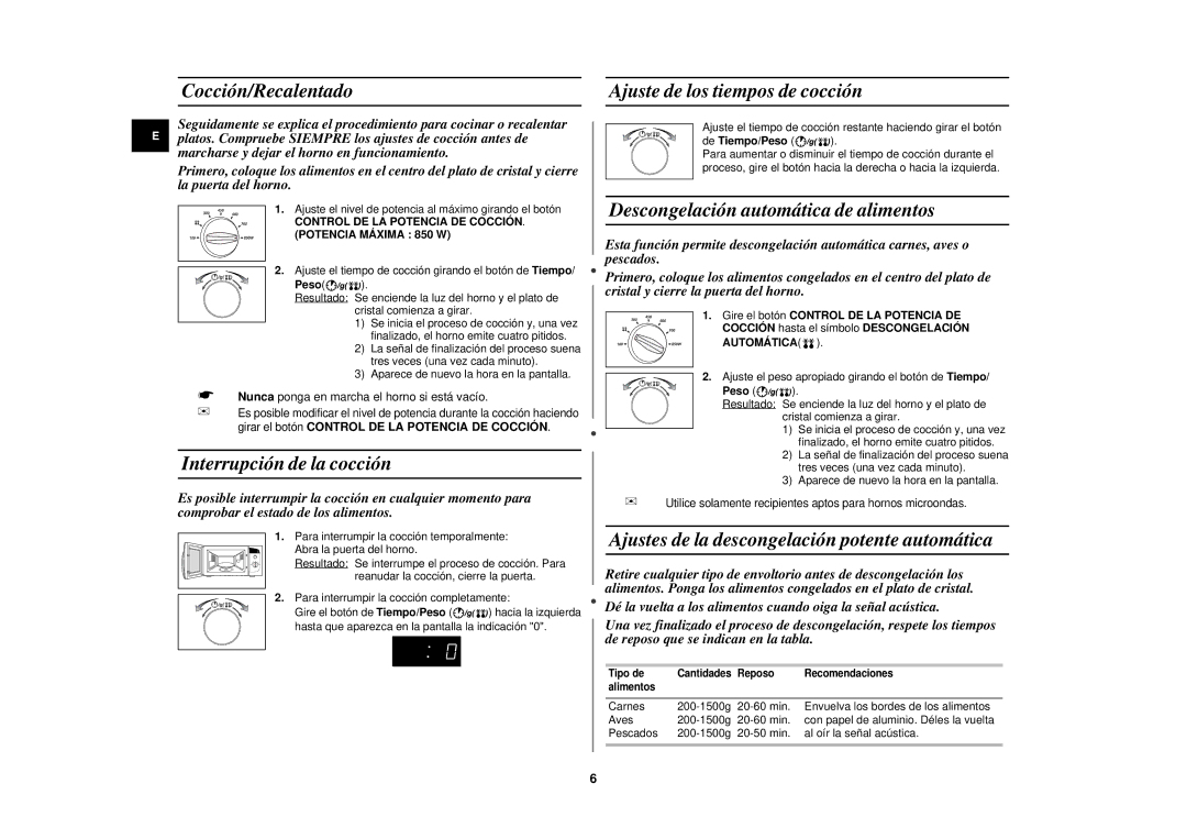 Samsung M182DN/XEC, M182DN-D/XEC manual Cocción/Recalentado, Interrupción de la cocción, Ajuste de los tiempos de cocción 