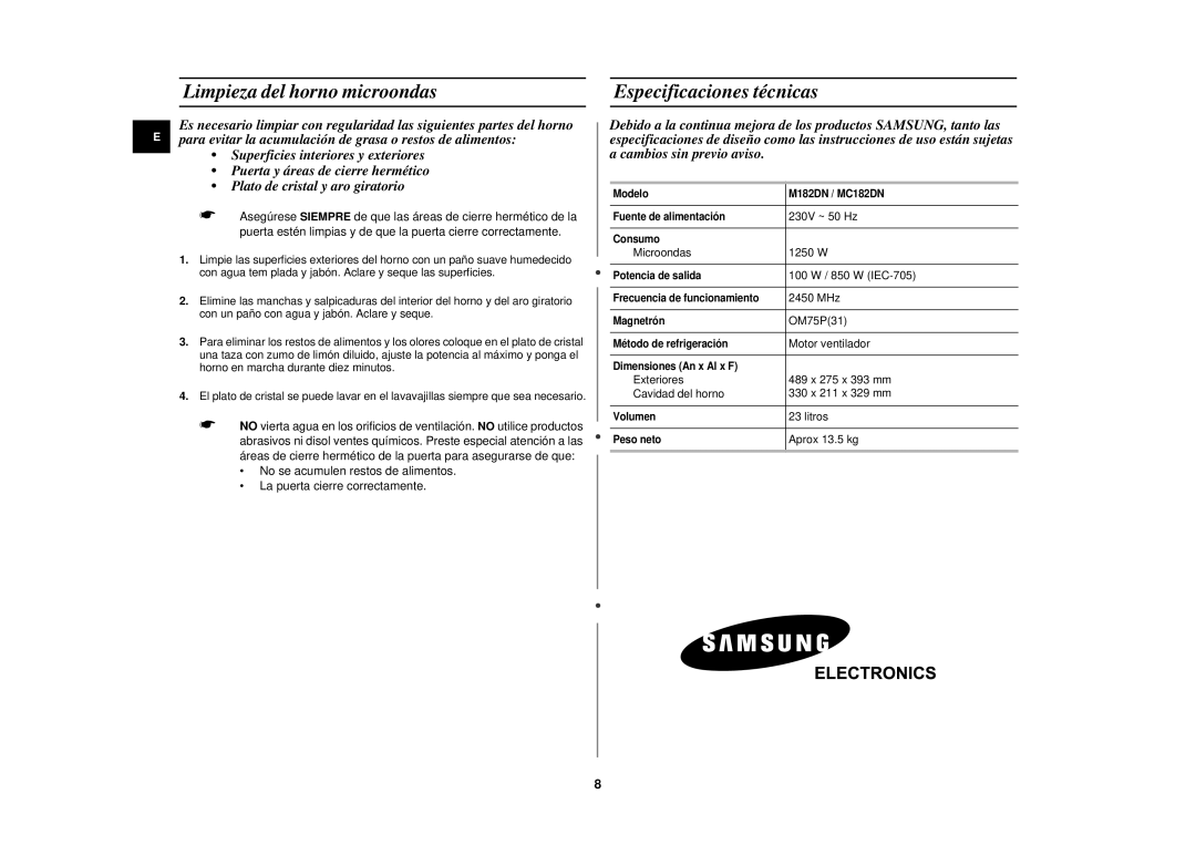 Samsung M182DN-B/XEC, M182DN/XEC, M182DN-D/XEC manual Limpieza del horno microondas Especificaciones técnicas 