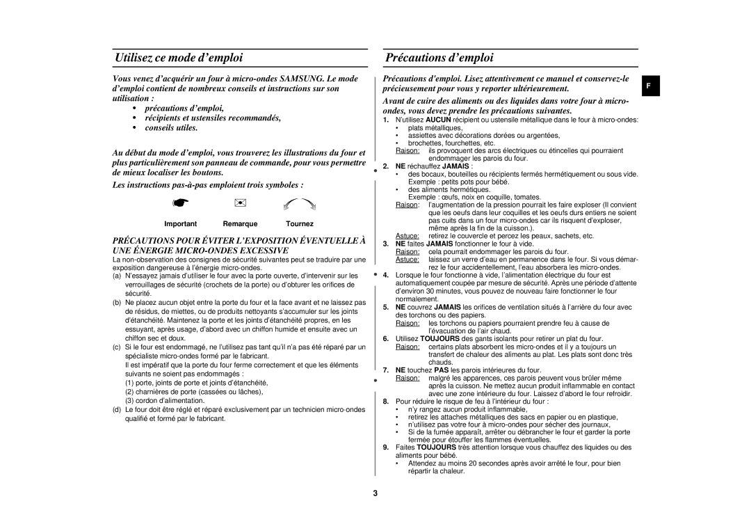 Samsung M182DN-X/XEF, M182DN/XEF manual Utilisez ce mode d’emploi, Précautions d’emploi, Important Remarque Tournez 