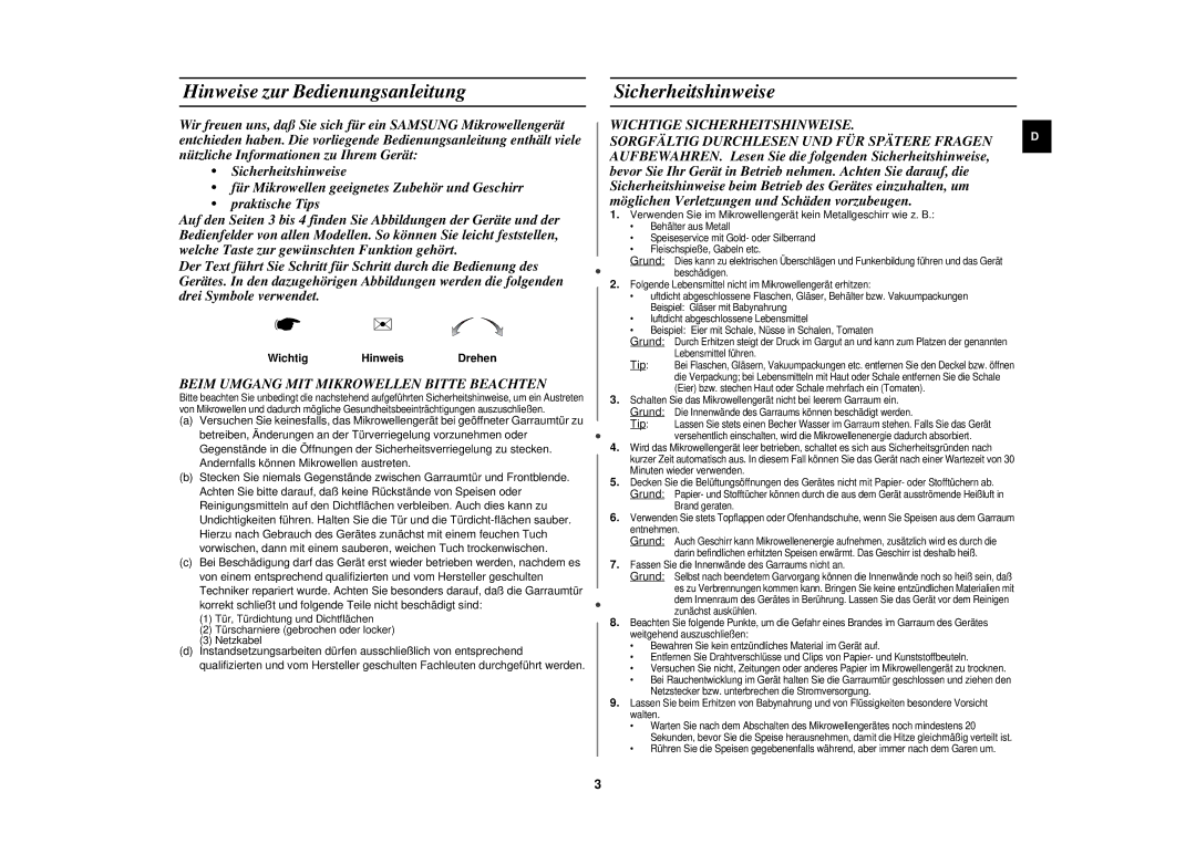 Samsung M182DN-S/XEG Hinweise zur Bedienungsanleitung, Sicherheitshinweise, Beim Umgang MIT Mikrowellen Bitte Beachten 