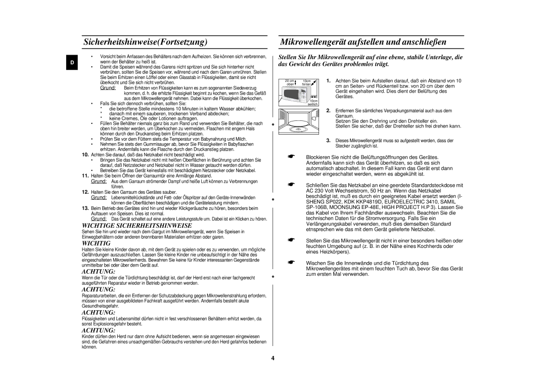 Samsung M182DN/XEG manual SicherheitshinweiseFortsetzung, Mikrowellengerät aufstellen und anschließen, Wichtig, Achtung 