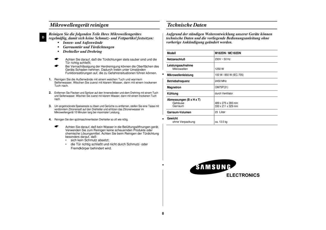 Samsung M182DN/XEG, M182DN-P/XEN, M182DN/XEN, M182DN-S/XEG manual Mikrowellengerät reinigen, Technische Daten 