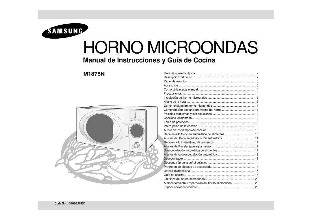 Samsung M1875N-SX/XEC manual Horno Microondas 