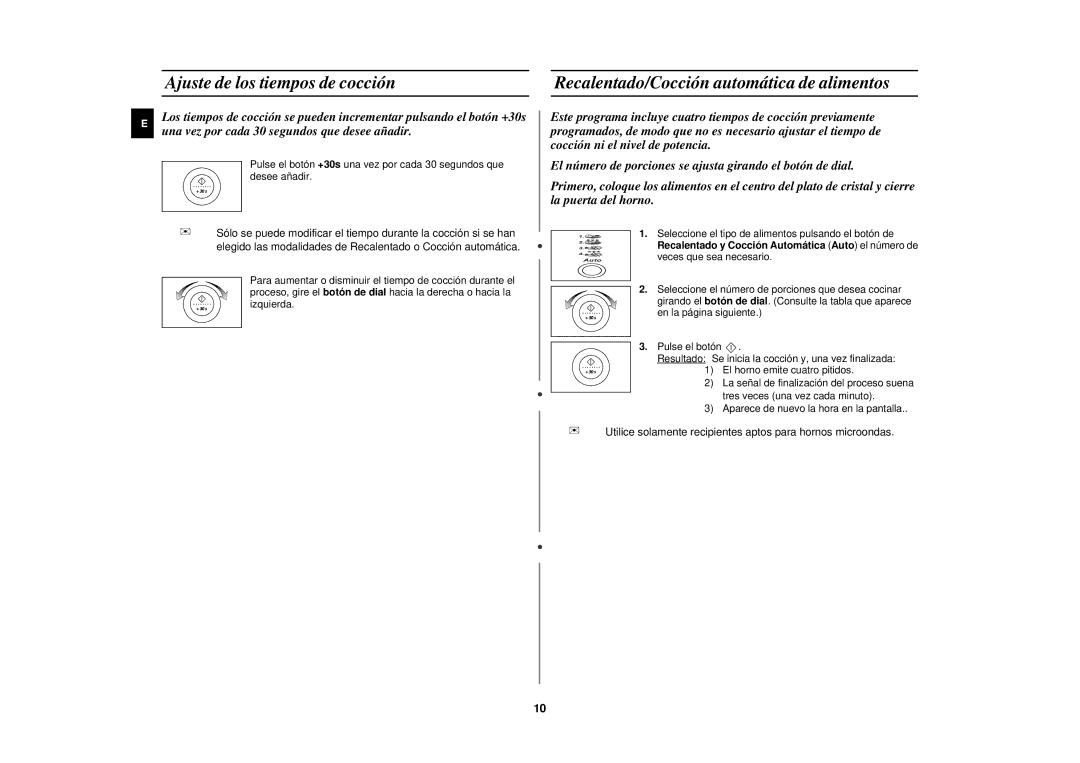 Samsung M1875N-SX/XEC manual Ajuste de los tiempos de cocción, Recalentado/Cocción automática de alimentos 