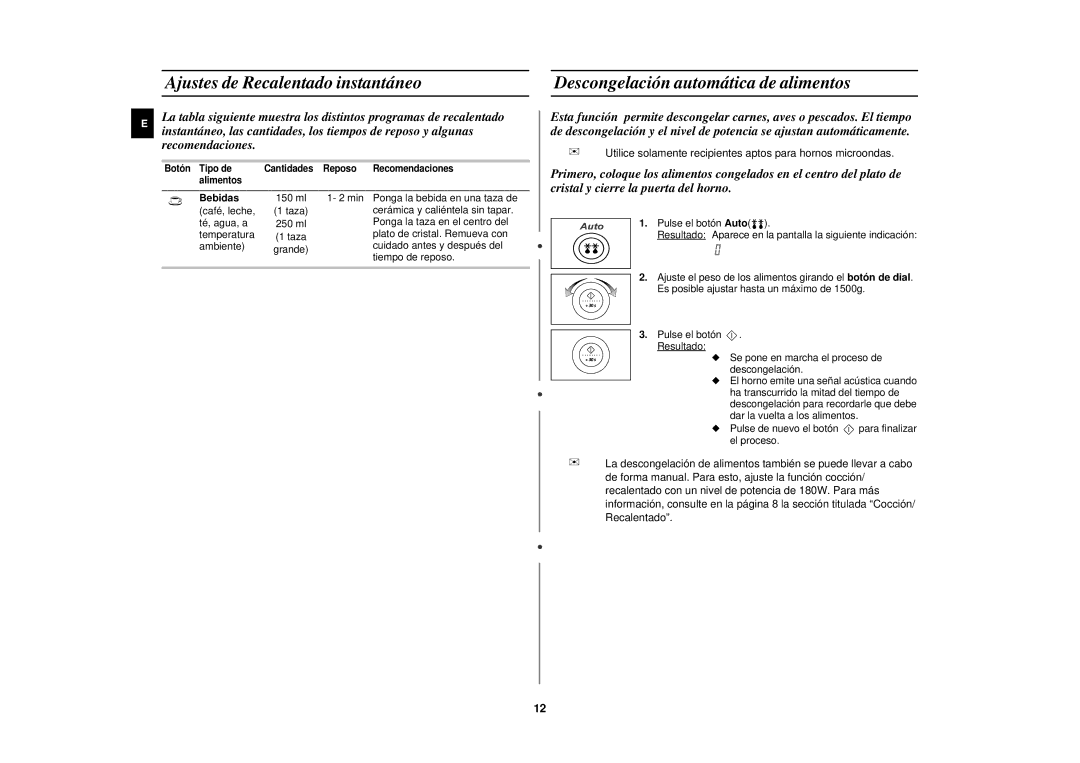 Samsung M1875N-SX/XEC manual Ajustes de Recalentado instantáneo, Descongelación automática de alimentos, Bebidas 