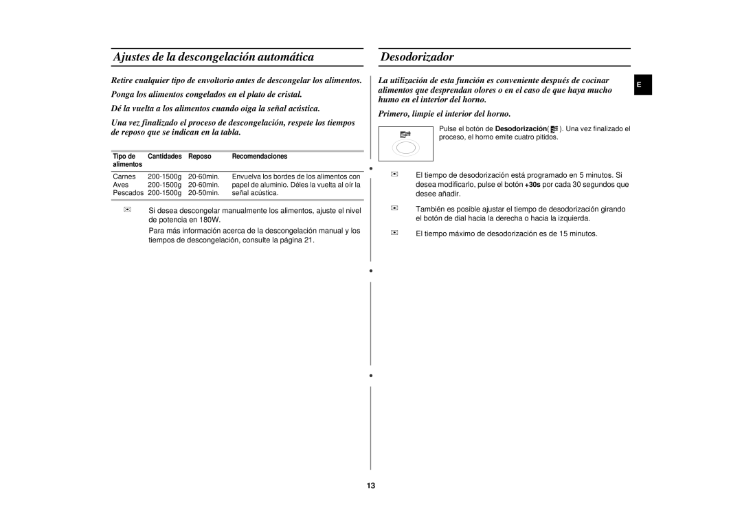 Samsung M1875N-SX/XEC manual Ajustes de la descongelación automática, Desodorizador 