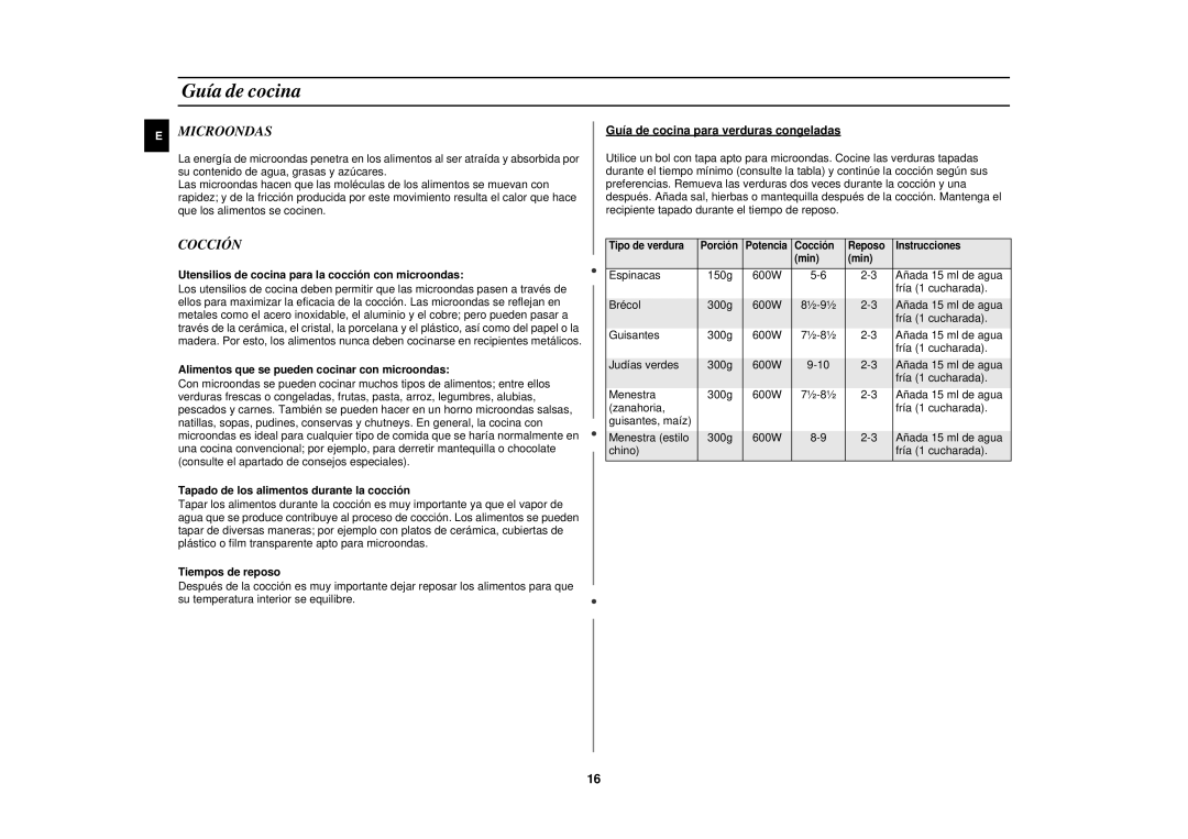 Samsung M1875N-SX/XEC manual Guía de cocina, Microondas, Cocción 