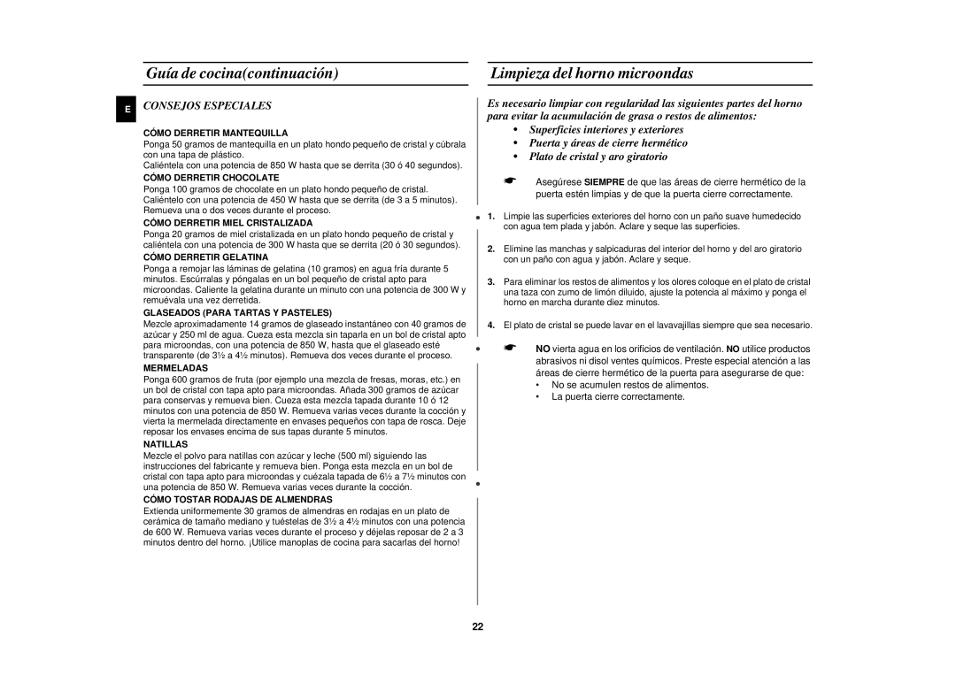 Samsung M1875N-SX/XEC manual Limpieza del horno microondas, Consejos Especiales 