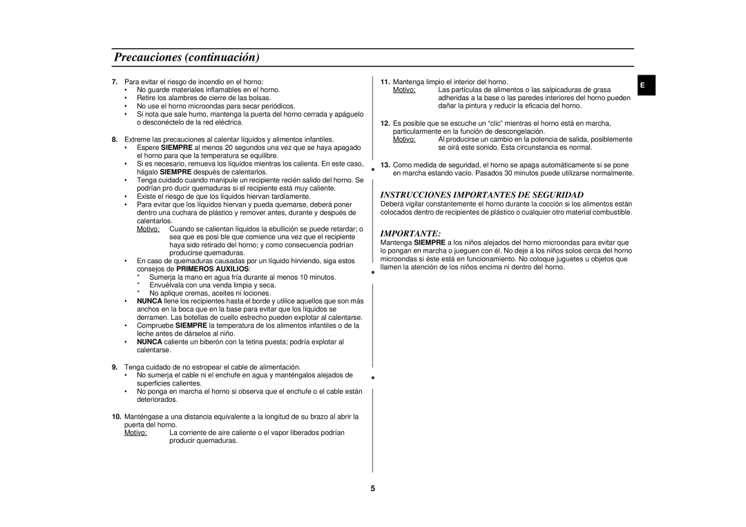 Samsung M1875N-SX/XEC manual Precauciones continuación, Instrucciones Importantes DE Seguridad 