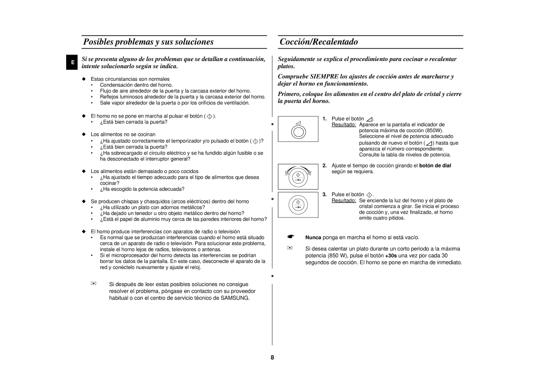 Samsung M1875N-SX/XEC manual Posibles problemas y sus soluciones Cocción/Recalentado 