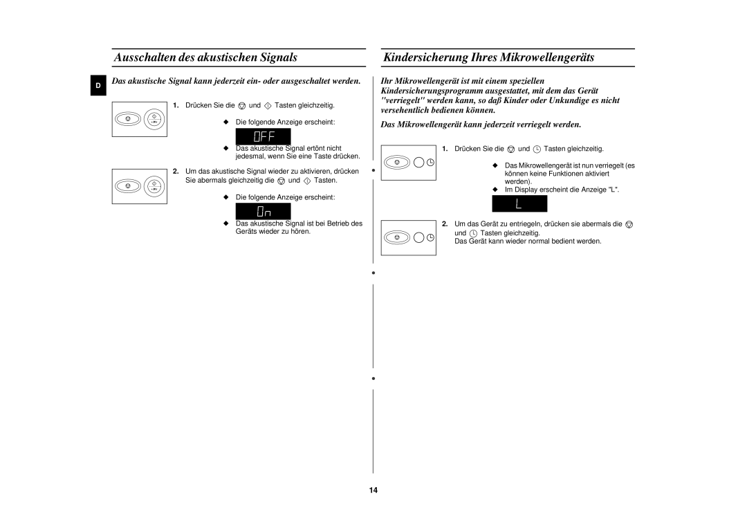 Samsung M1877N-S/XEG, M1877N/XEG manual Ausschalten des akustischen Signals, Kindersicherung Ihres Mikrowellengeräts 