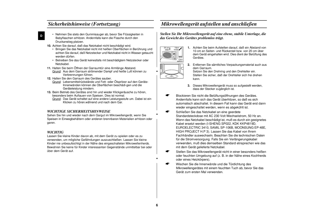 Samsung M1877N-S/XEG, M1877N/XEG Sicherheitshinweise Fortsetzung, Mikrowellengerät aufstellen und anschließen, Wichtig 