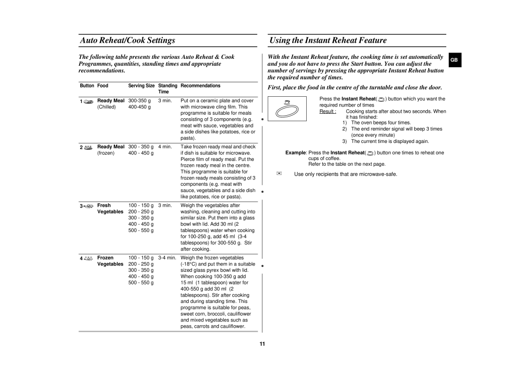 Samsung M1877NCE/XFA, M1877NCE/SAM manual Auto Reheat/Cook Settings, Using the Instant Reheat Feature 