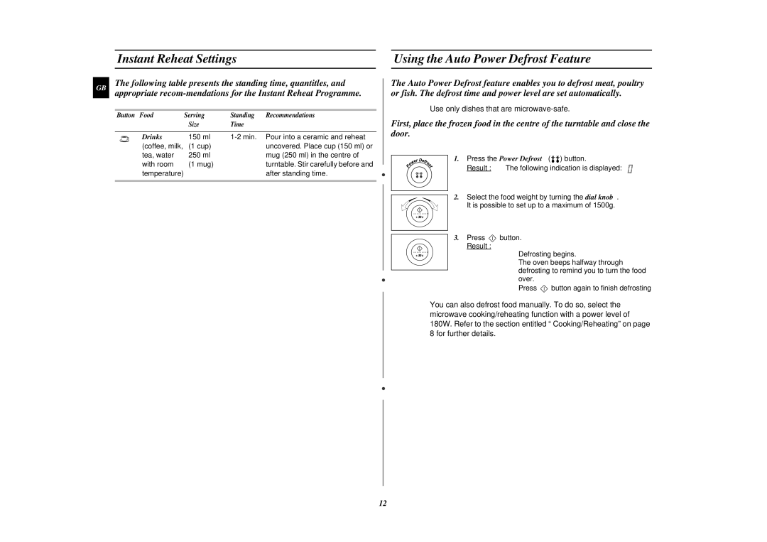 Samsung M1877NCE/SAM, M1877NCE/XFA manual Instant Reheat Settings, Using the Auto Power Defrost Feature, Drinks 