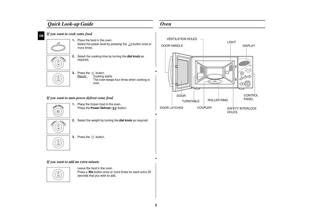 Samsung M1877NCE/SAM Quick Look-up Guide, Oven, If you want to cook some food, If you want to auto power defrost some food 