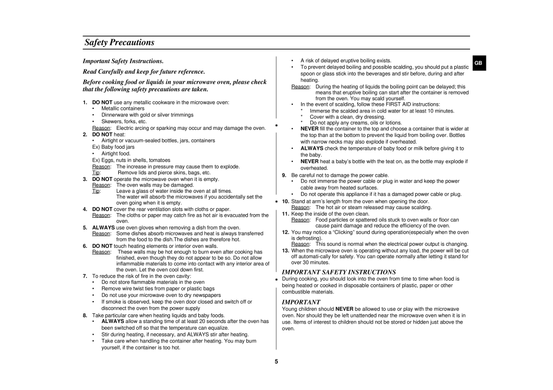 Samsung M1877NCE/XFA, M1877NCE/SAM manual Safety Precautions, Important Safety Instructions, Do not heat 