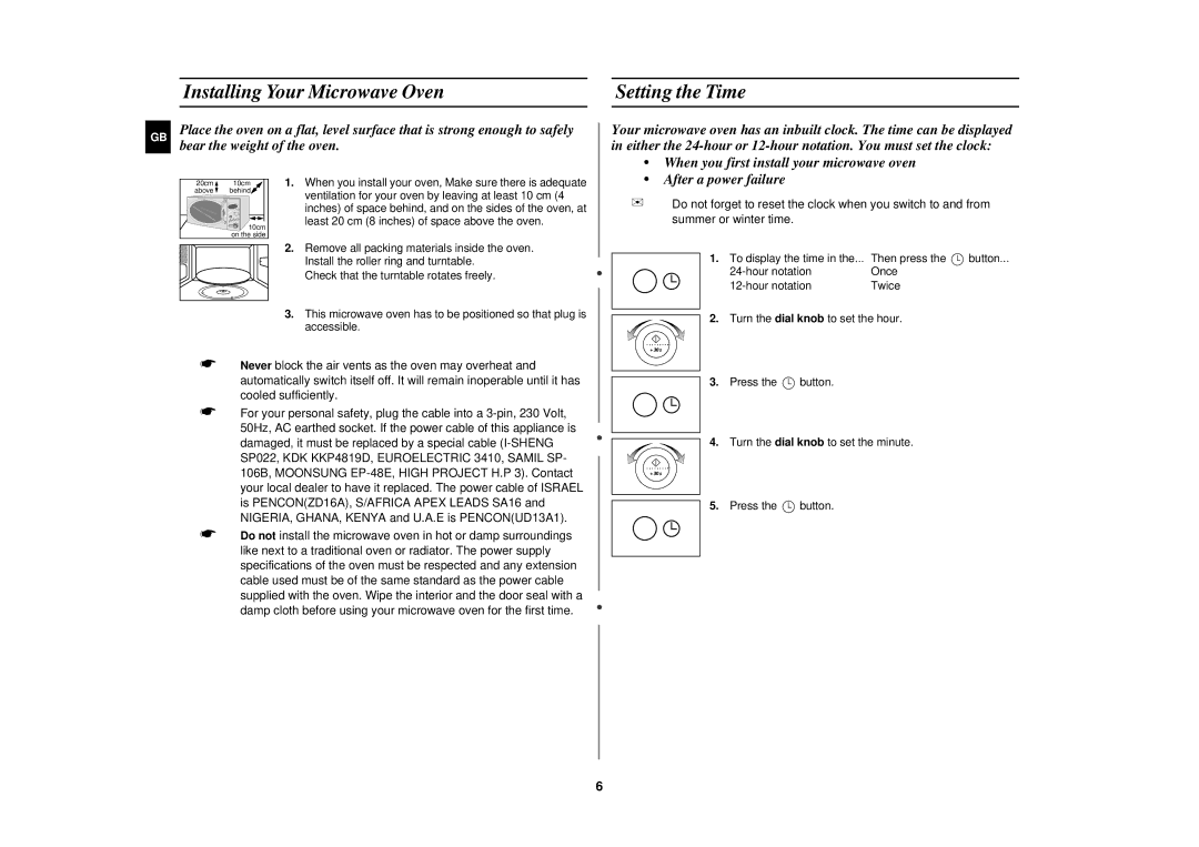 Samsung M1877NCE/SAM, M1877NCE/XFA manual Installing Your Microwave Oven Setting the Time, Bear the weight of the oven 