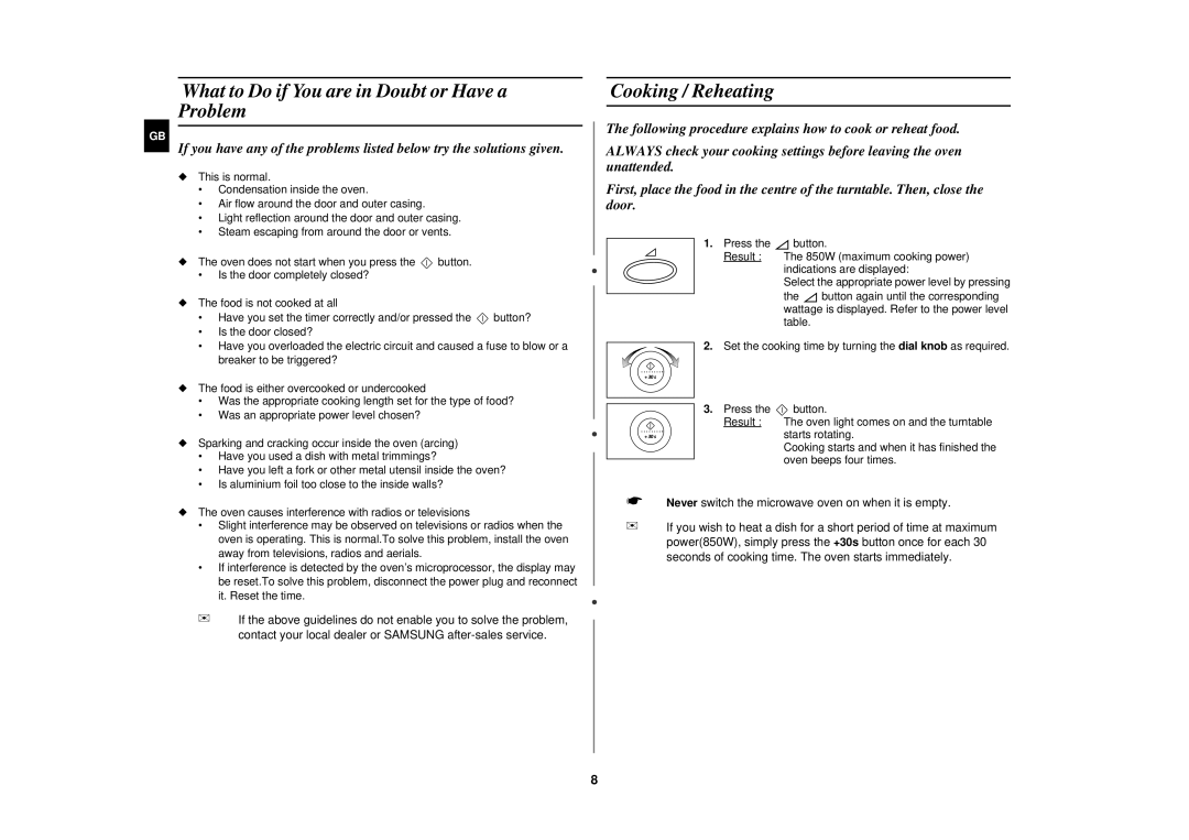 Samsung M1877NCE/SAM, M1877NCE/XFA manual What to Do if You are in Doubt or Have a Problem, Cooking / Reheating 