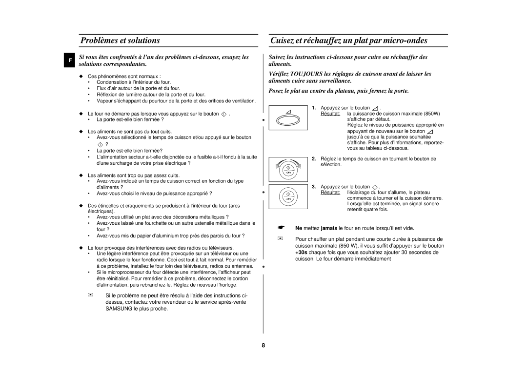 Samsung M1877N/XEF manual Problèmes et solutions, Cuisez et réchauffez un plat par micro-ondes 