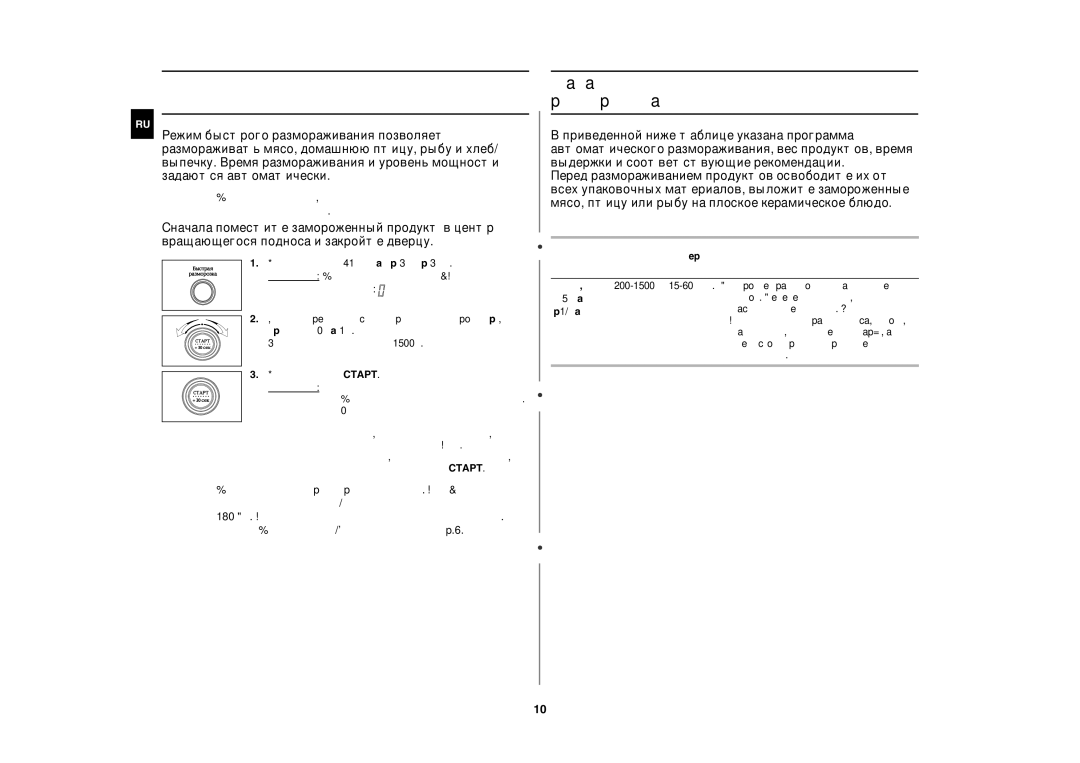 Samsung M187ASTR/BWT manual Использование режима быстрого размораживания, Пaрaметры режима автоматического pазмоpаживaния 