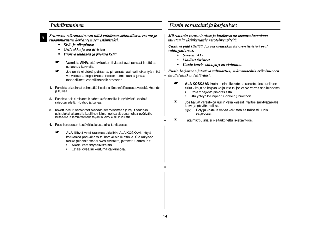 Samsung M187AST/XEE manual Puhdistaminen, Uunin varastointi ja korjaukset 