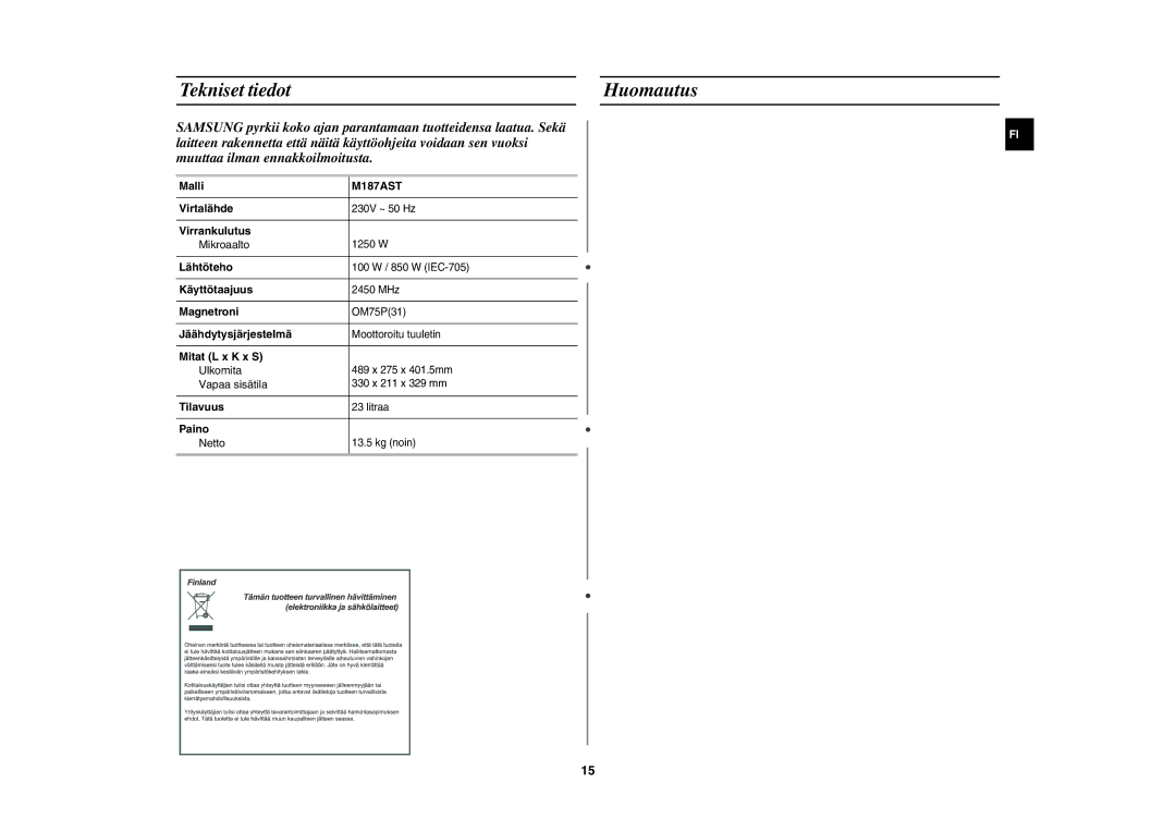 Samsung M187AST/XEE manual Tekniset tiedotHuomautus 