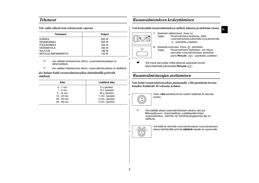 Samsung M187AST/XEE manual Ruoanvalmistusajan asettaminen, Tehotasot Ruoanvalmistuksen keskeyttäminen, Tehotasot Output 