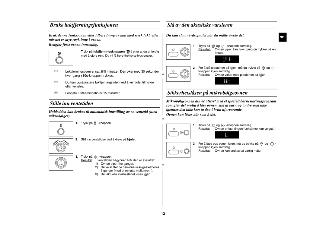 Samsung M187AST/XEE manual Stille inn ventetiden, Sikkerhetslåsen på mikrobølgeovnen 