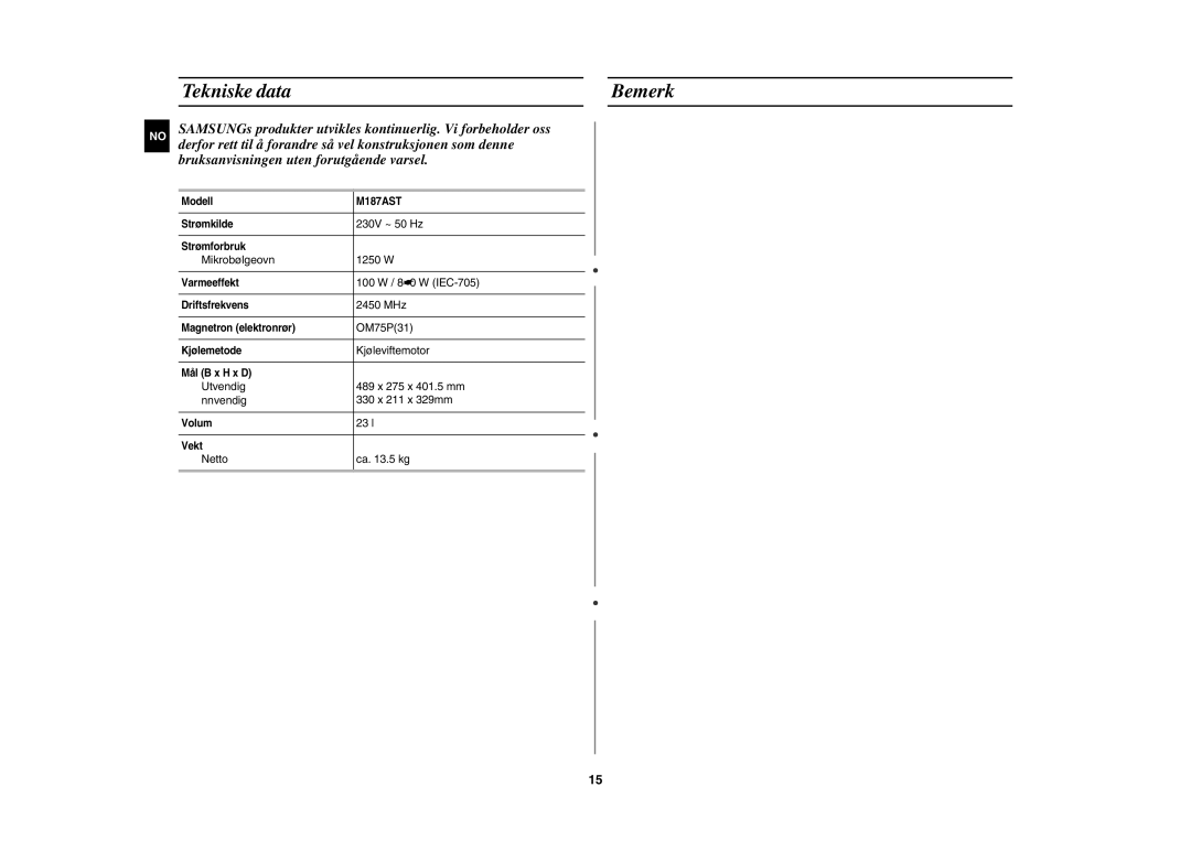 Samsung M187AST/XEE manual Tekniske data Bemerk, Mikrobølgeovn 