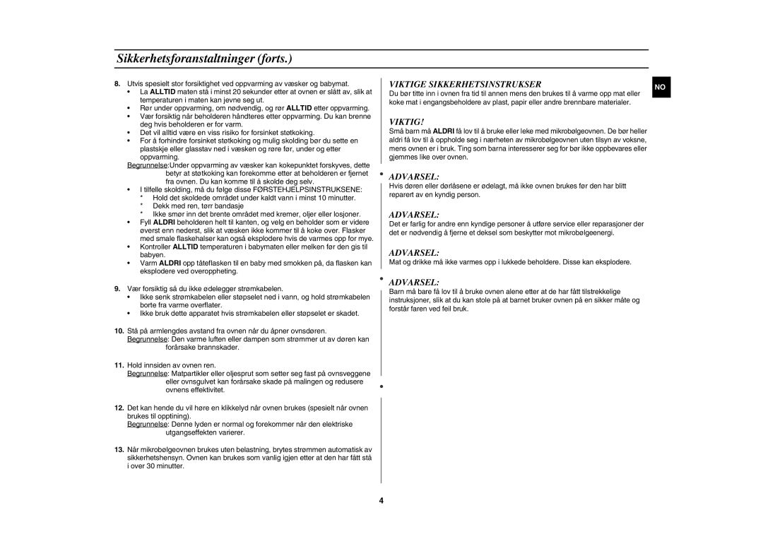 Samsung M187AST/XEE manual Sikkerhetsforanstaltninger forts, Viktige Sikkerhetsinstrukser 