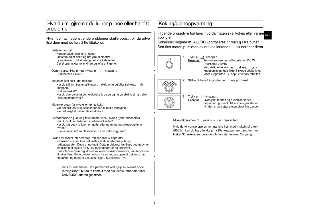 Samsung M187AST/XEE manual Hva du må gjøre når du lurer på noe eller har fått problemer, Koking/gjenoppvarming 