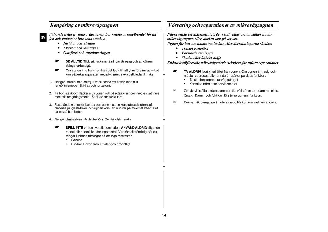 Samsung M187AST/XEE manual Rengöring av mikrovågsugnen, Förvaring och reparationer av mikrovågsugnen 