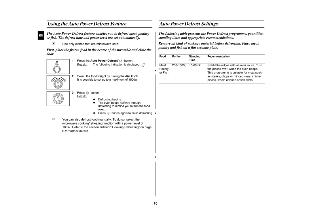 Samsung M187AST/XEE manual Using the Auto Power Defrost Feature, Auto Power Defrost Settings 