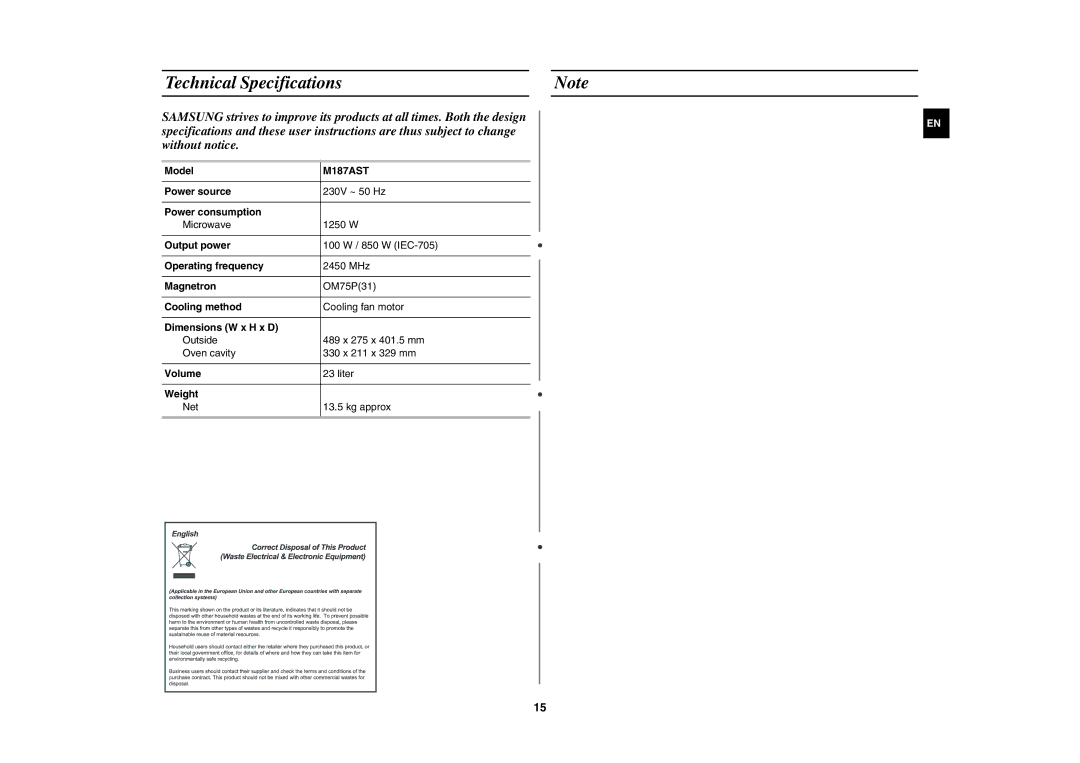 Samsung M187AST/XEE manual Technical Specifications 