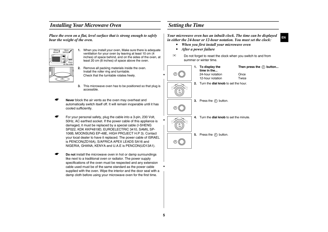 Samsung M187AST/XEE manual Installing Your Microwave Oven Setting the Time, To display Then press 