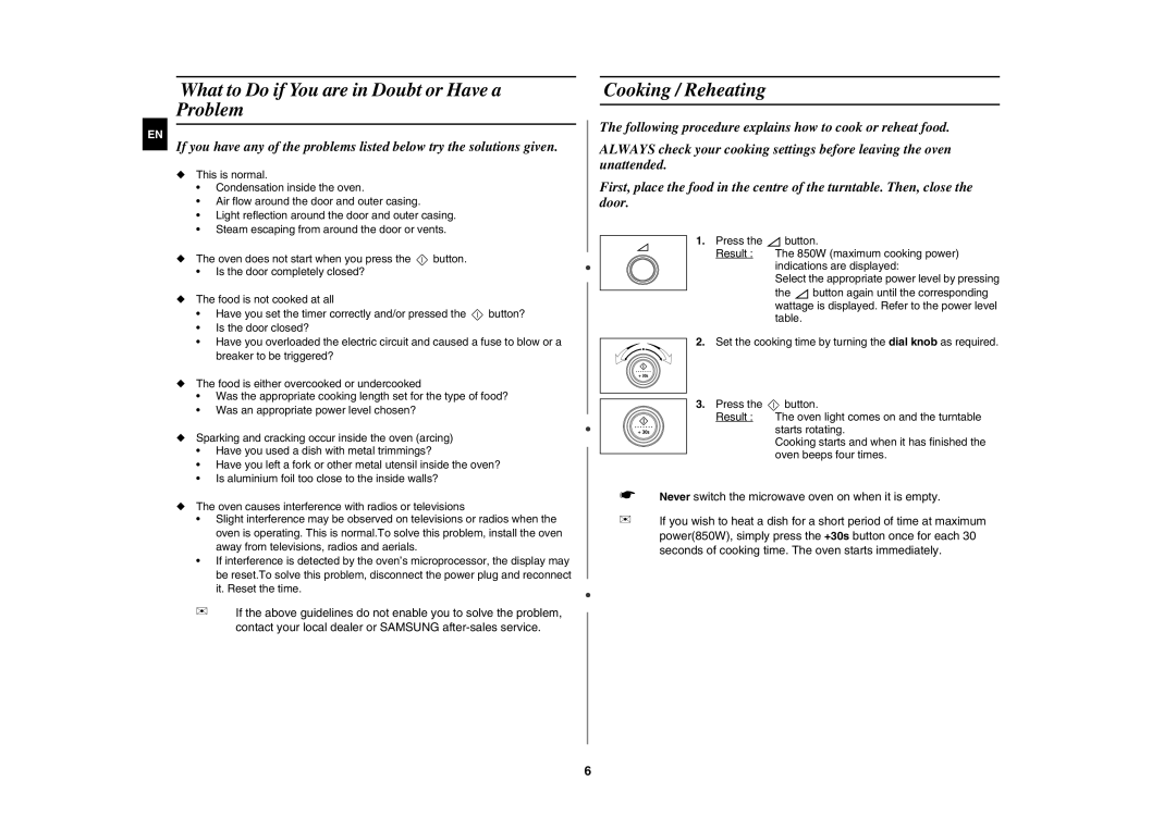 Samsung M187AST/XEE manual What to Do if You are in Doubt or Have a Problem, Cooking / Reheating 