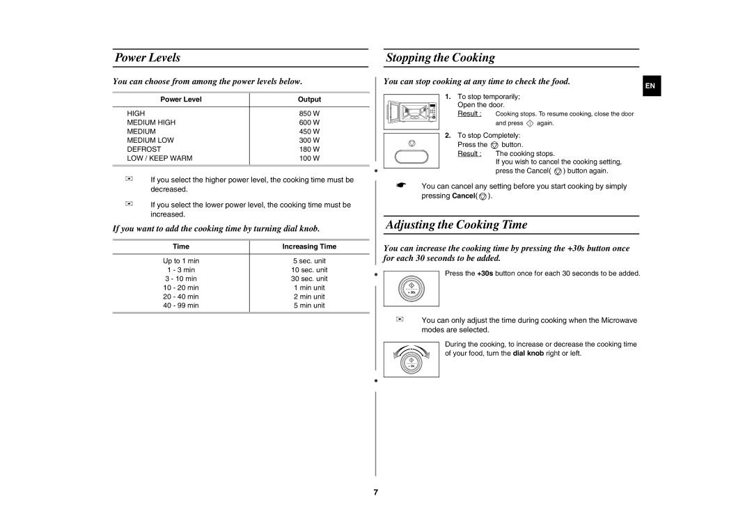 Samsung M187AST/XEE manual Power Levels, Stopping the Cooking, Adjusting the Cooking Time, Power Level Output 