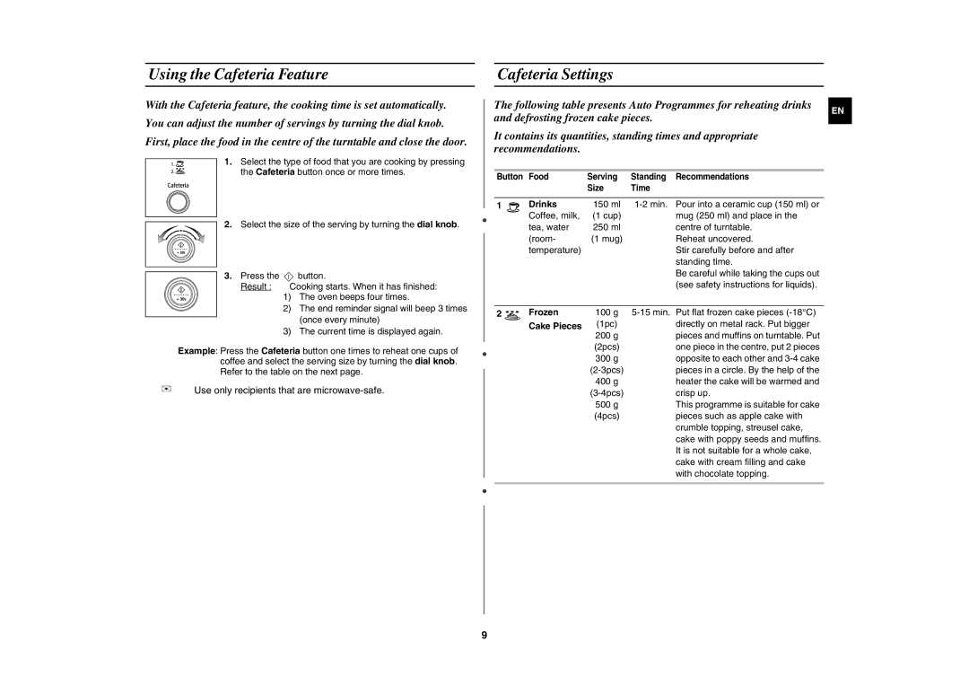 Samsung M187AST/XEE manual Using the Cafeteria Feature, Cafeteria Settings, Drinks, Frozen, Cake Pieces 