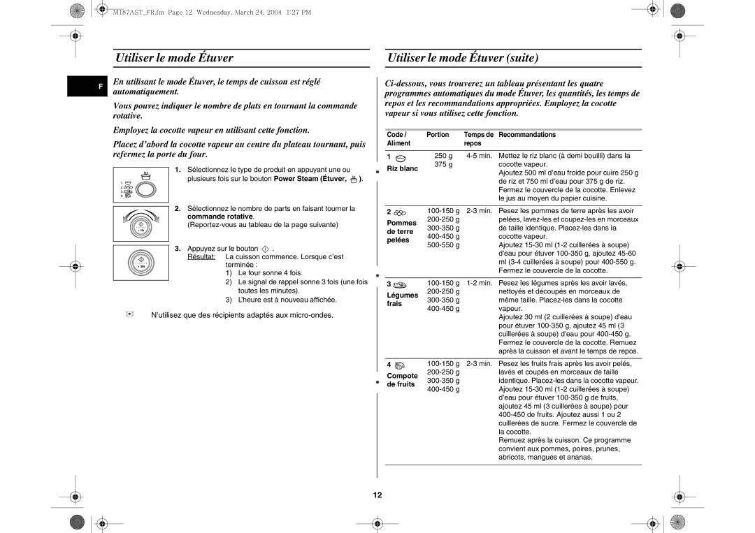 Samsung M187AST/XEF, M187AST/XEG manual Utiliser le mode Étuver suite 