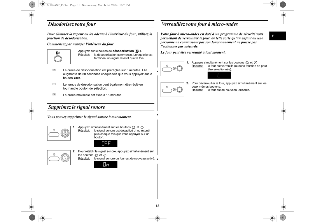 Samsung M187AST/XEG, M187AST/XEF Désodorisez votre four Verrouillez votre four à micro-ondes, Supprimez le signal sonore 