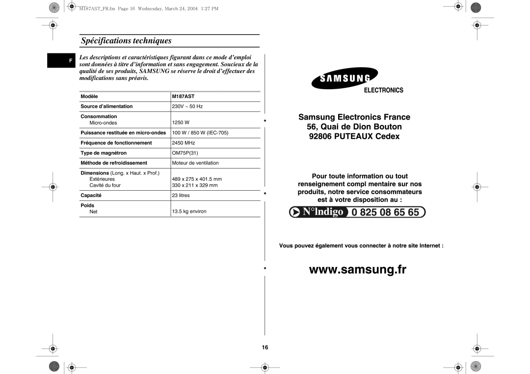 Samsung M187AST/XEF, M187AST/XEG manual Spécifications techniques 