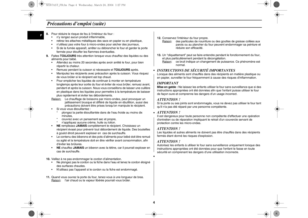 Samsung M187AST/XEF, M187AST/XEG manual Précautions d’emploi suite, Instructions DE Sécurité Importantes 