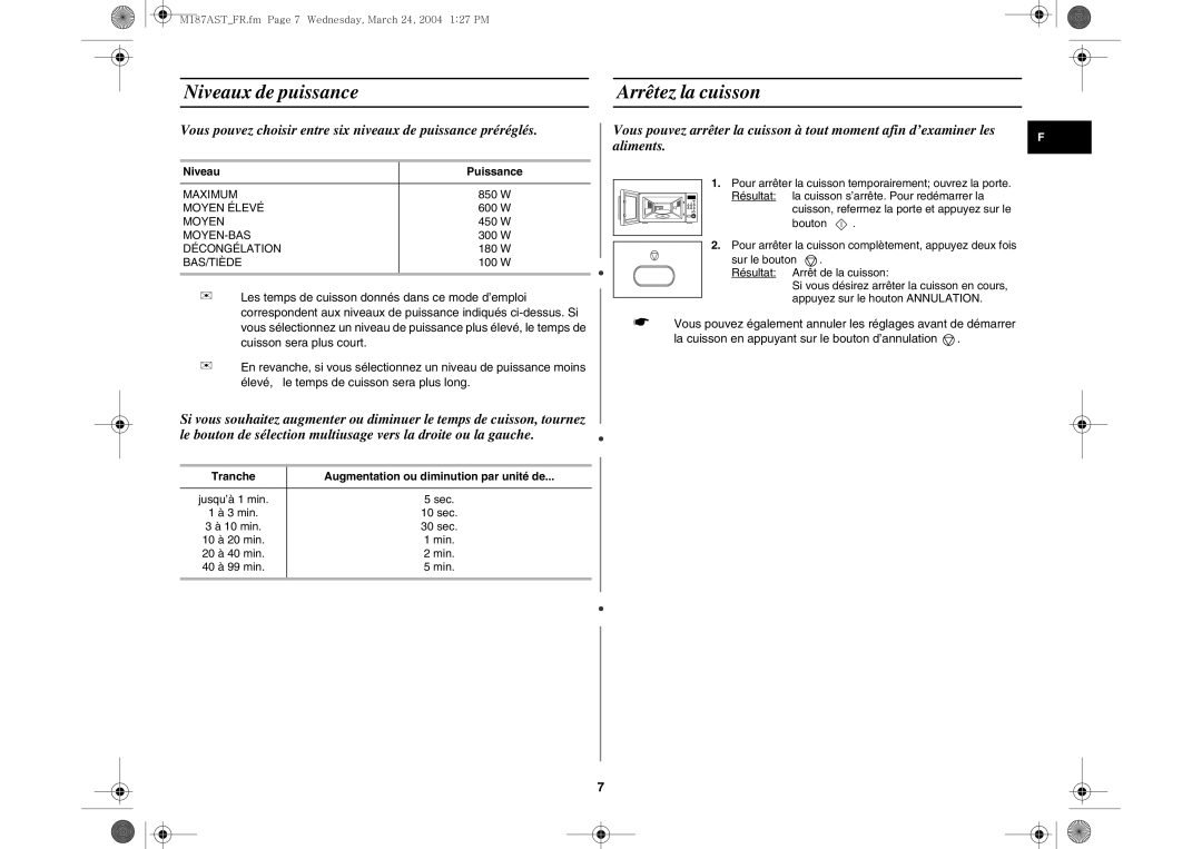 Samsung M187AST/XEG, M187AST/XEF manual Niveaux de puissance, Arrêtez la cuisson, Niveau Puissance 